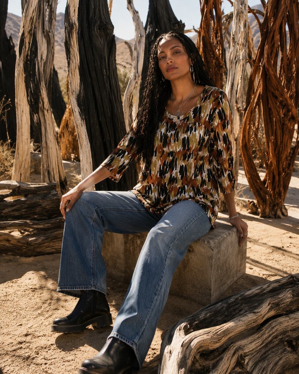Kim Rogers Abstract Brushstroke Print Tunic Top 3/4 Sleeve Large